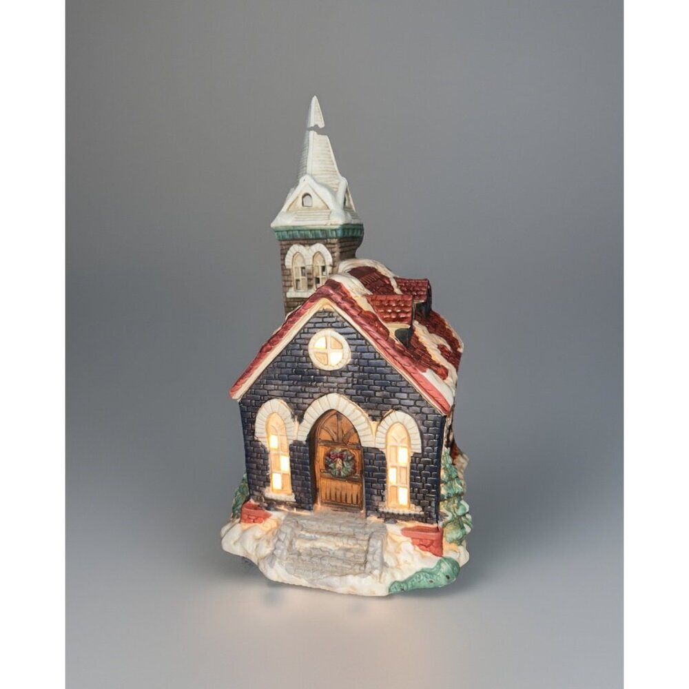 Vintage Mervyn's 1992 Village Square Christmas Lighted Church Ceramic with cord